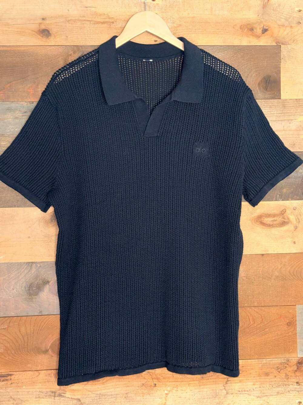 Alo Yoga Crochet Polo Black Open-Knit Shirt Large
